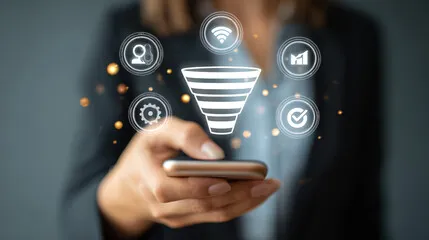 Lead capture funnel with mobile phone and digital icons